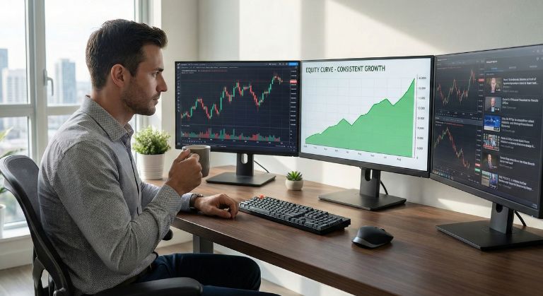 Trader reviewing a highly consistent equity curve on a monitor